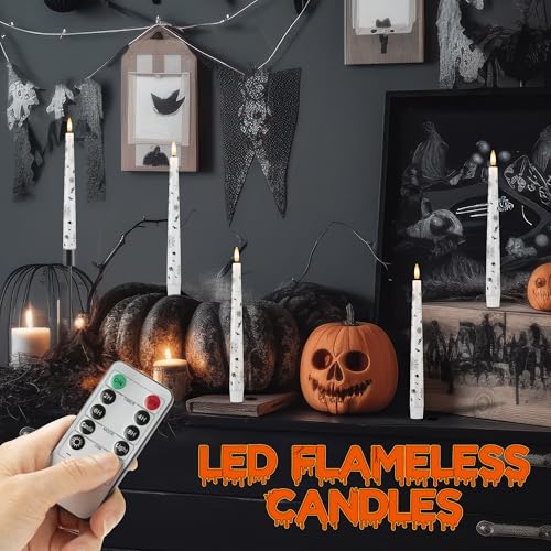 Image of Halloween Candles with Spider Web, Spider, 9.6 inchReal Wax Flameless Taper Candles with Remote & Timer, 3 Pack Battery Operated Halloween Led Candlesticks for Party Home Decor