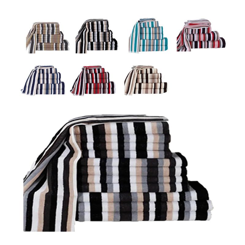 100% Egyptian Cotton Royal Victorian Stripe Towel Set – Bale Set of 4 (2 Face Towels, 1 Hand Towel, 1 Bath Towel) – Black – Soft & Absorbent 550 GSM Towels for Home, Gym, or Spa