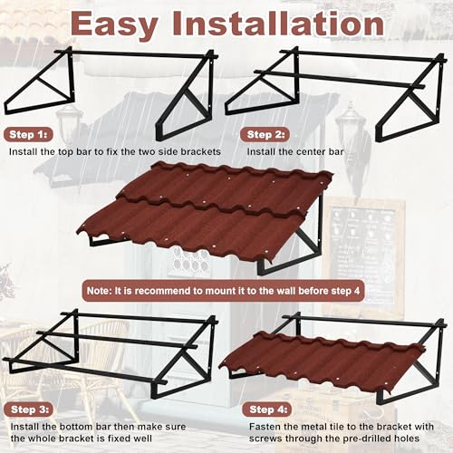 RDUIGT Fixed Metal Awning for Door Entrance 52 in W x 31 in H Triangle Steel Frame with Color Stone Metal Tile Shaped Awning Window Awnings Exterior (Red)