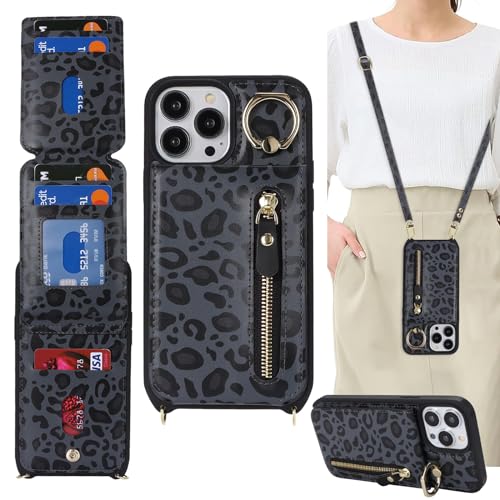 DEYHU iPhone 13 pro max Case with Card Holder for Women, iPhone 13 pro max Phone Case Wallet with Strap Credit Card Slots Crossbody with Kickstand Zipper Case - Black Leopard