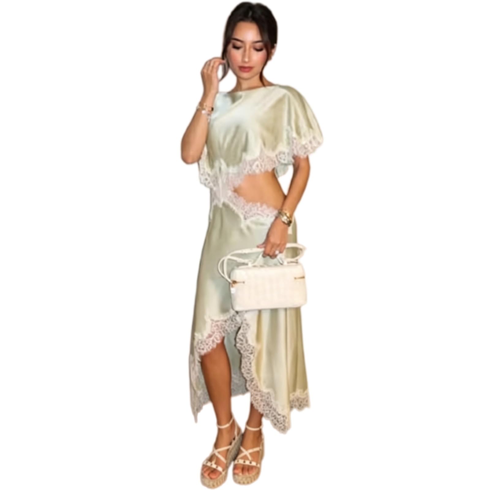 Vestito Donna Estate Raso Pizzo Abito Asimmetrico Midi O Collo Batwing Manica Elegante Party Outfit-Light Green-XS