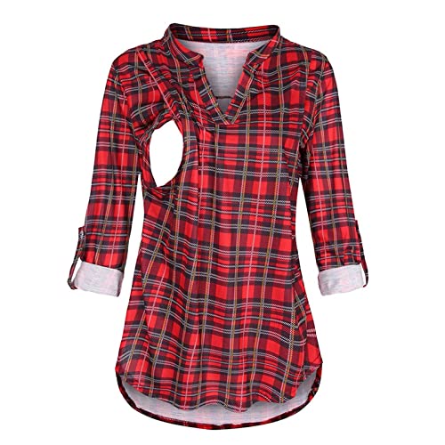 Generisch Umstandsmode für Damen, Langarm, kariert, Bedruckt, Stillhemden, Bluse zum Stillen, Top mit V-Ausschnitt (Red, M)