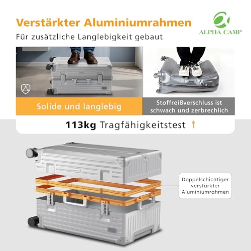 ALPHA CAMP Koffer XL Aluminium Rahmen & Polycarbonat Hartschale mit TSA Schloss Koffer Groß Silber Reisekoffer mit 4 Rollen 40x36x77cm Reisekoffer Suitcase Large 92L Handgepäck Luggage für Reise