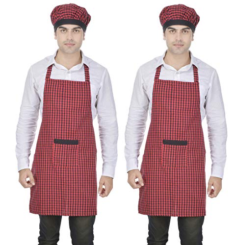 Image of Switchon Checkered Cotton Kitchen Cooking Apron with Chef Hat - Pack of 2 | Multi-Purpose Chef & Waiter Apron for Men & Women | Home, Hotels, Restaurants & Cafes | Proudly Made in India
