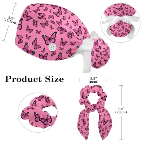 Image of Butterfly Scrub Cap Women with Ponytail & Buttons Adjustable Surgical Nurse Hat with Cotton Sweatband for Long Hair