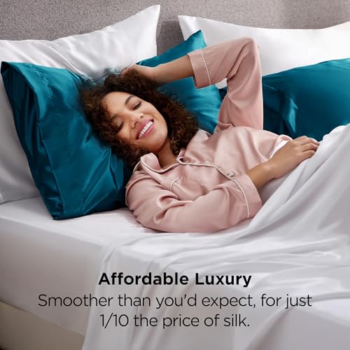 Image of Bedsure King Size Satin Pillowcase Set of 2 - Teal Silky Pillow Cases for Hair and Skin with Envelope Closure, Similar to Silk Pillow Cases, Gifts for Women Men, 20x36 Inches, 2pcs
