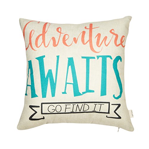 Fjfz Nursery Inspirational Quote Cotton Linen Home Decorative Throw Pillow Case Cushion Cover for Sofa Couch Aztec Theme Adventure Awaits, Pink Coral Mint Turquoise, 18