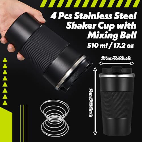 Image of Maxdot 4 Pcs 17 oz Stainless Steel Shaker Cup with Mixing Ball Insulated Metal Blender Tumbler Water Bottle for Protein Mixes Shakes Gym Workout Coffee Drink (Black)