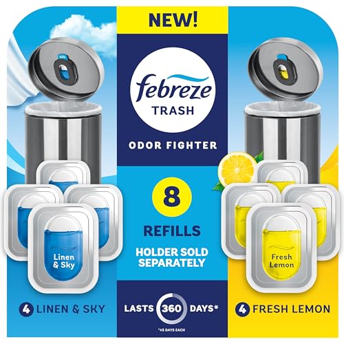Febreze Trash Odor Fighter, Trash Can Air Freshener, Stick-On Deodorizer for Garbage Cans, Diaper Pails, Works with Scented Trash Bags, Fresh Lemon and Linen & Sky Scents, 8 Refills - image 1