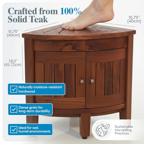 Image of AquaTeak Kai Corner 15.5 inch Teak Shower Bench with Cabinet