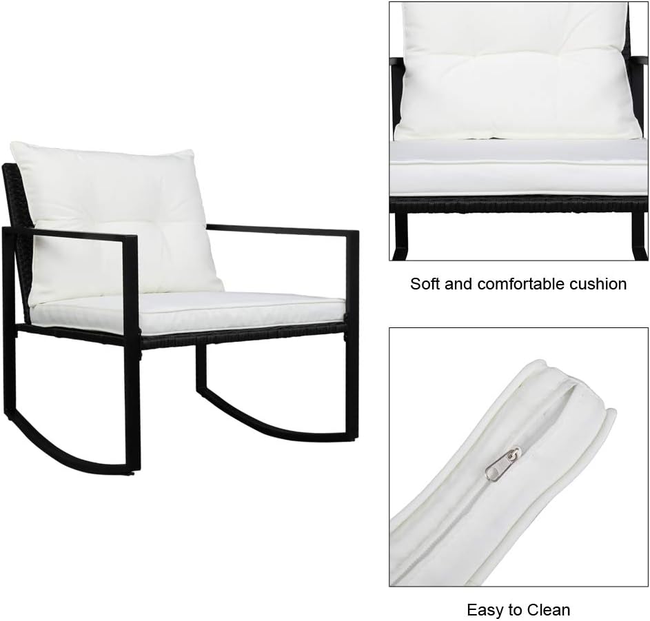 3 Pieces Patio Set Rocking Chair, Outdoor Patio Furniture Sets Modern Bistro Set Chair Conversation Sets with Coffee Table for Yard and Bistro (White)