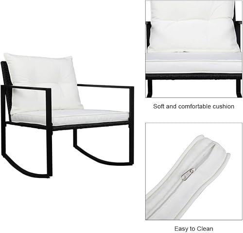 Miniatura 6 de Juego de muebles de patio de 3 piezas, juego de muebles de conversación de ratán PE con 2 sillas mecedoras, 1 mesa de centro de vidrio templado,