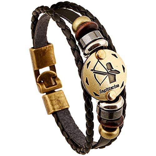 Image of Young & Forever Zodiac Sign Multi-Strand Genuine Leather Bracelet for Men & Boys - Adjustable Tribal Wristband with Antique Metal Charm