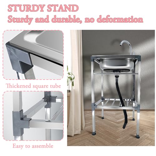 Évier Sur Pieds de Cuisine en Acier Inox 1 Bac Évier De Jardin Extérieur Lavabo Multifonctionnel Commercial Utilitaire avec Robinet Pivotant,pour Garage,Blanchisserie – Image 7