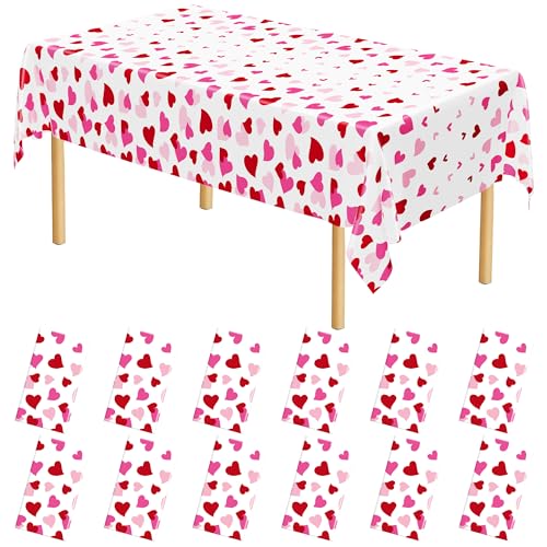 Image of 12 Pack Valentines Plastic Tablecloth, 54 inch x 108 inch Valentines Decorations, Heart Disposable Red Pink Valentine's Tablecloths Love Party Favors, Love Decorations Table Decor for Birthday Party Supplies