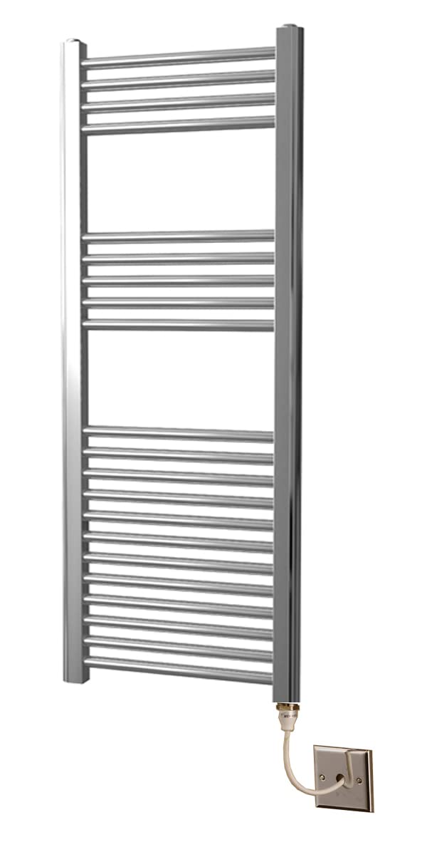 Greened House Chrome Straight Electric Heated Towel Rail 400mm wide x 1200mm high Flat Bathroom Towel Radiator