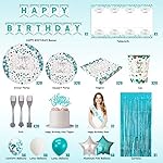 ssailue decor Teal Blue Birthday Party Supplies for 20 Guests: Plates, Cups, Napkins, Balloons, Banner, Sash, Cake Topper, Curtains - Image 2