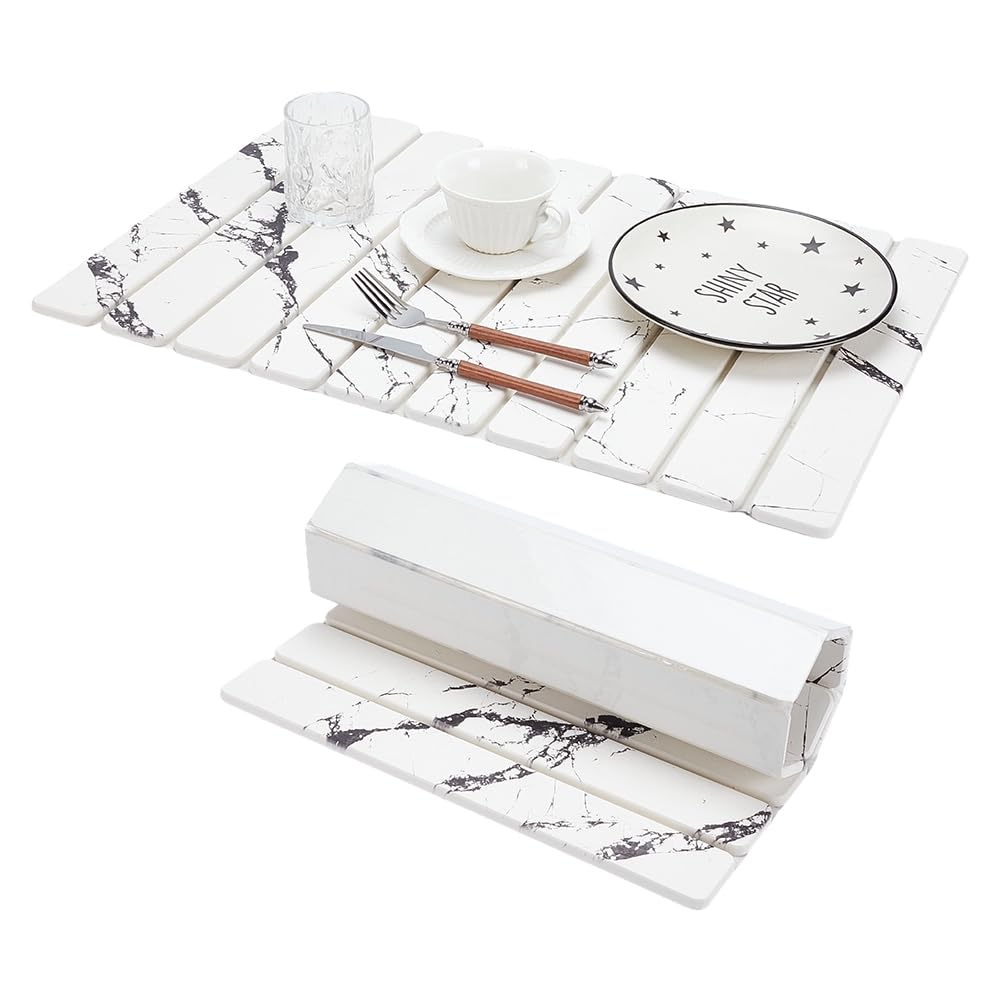 Esterilla de secado de platos de piedra premium con efecto mármol blanco y diseño plegable