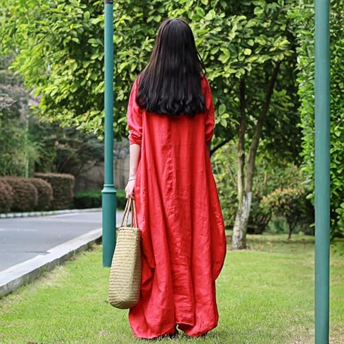 Image of Women's 2025 Spring 100% Linen Long Dress with Long Sleeve Maxi Dress Casual Loose Fitin Solid Color Pockets