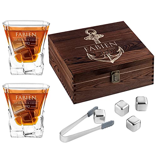 Maverton 8 Pierres à Refroidissement & 2 Verres gravés - Verres à Whisky 250 ML dans la boîte Personnalisée en Bois - Cadeau d'anniversaire pour Chaque Homme - Frère