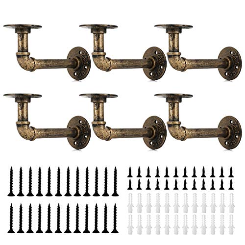 MX·HYKER Industrial Iron Rustic Pipe Rack Custom Floating Shelves Pipe Shelves DIY Shelving Brackets Wall Mounted Double Flange Floating Shelves(6-Piece Set, Green Bronze)