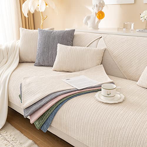 Okyuk Soft Chenille Sofa Couch Cover Non Slip Sectional Couch Cover Sofa Slipcovers Striped Weave Textured Washable Furniture Protector For Kids, Pets (Beige, 70 * 70Cm) #TOP7