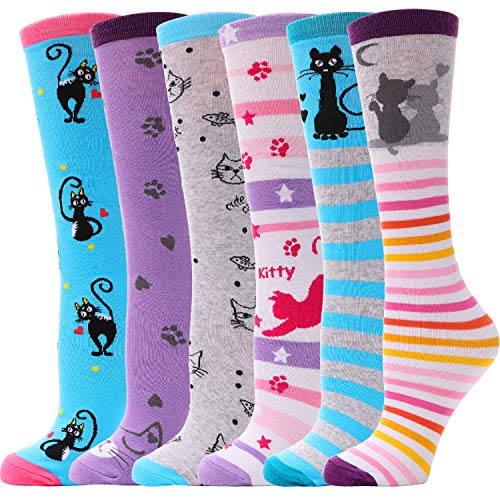 MOGGEI Kids Knee High Socks - Long Boot Crazy Silly Fun Gift Tall Funny Cute Animal Child Gifts for 4-12 Year Old Girls - 6 Pairs Socks (Cat)