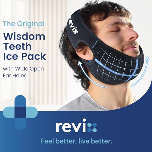 Image of REVIX Wisdom Teeth Ice Pack Head Wrap with 3D Sewing Jaw Ice Pack for Face Oral Surgery Pain Relief for TMJ, Tooth Extraction & Teeth Removed, Extra Snug Fit with 4 Hot Cold Gel Packs Reusable, Black