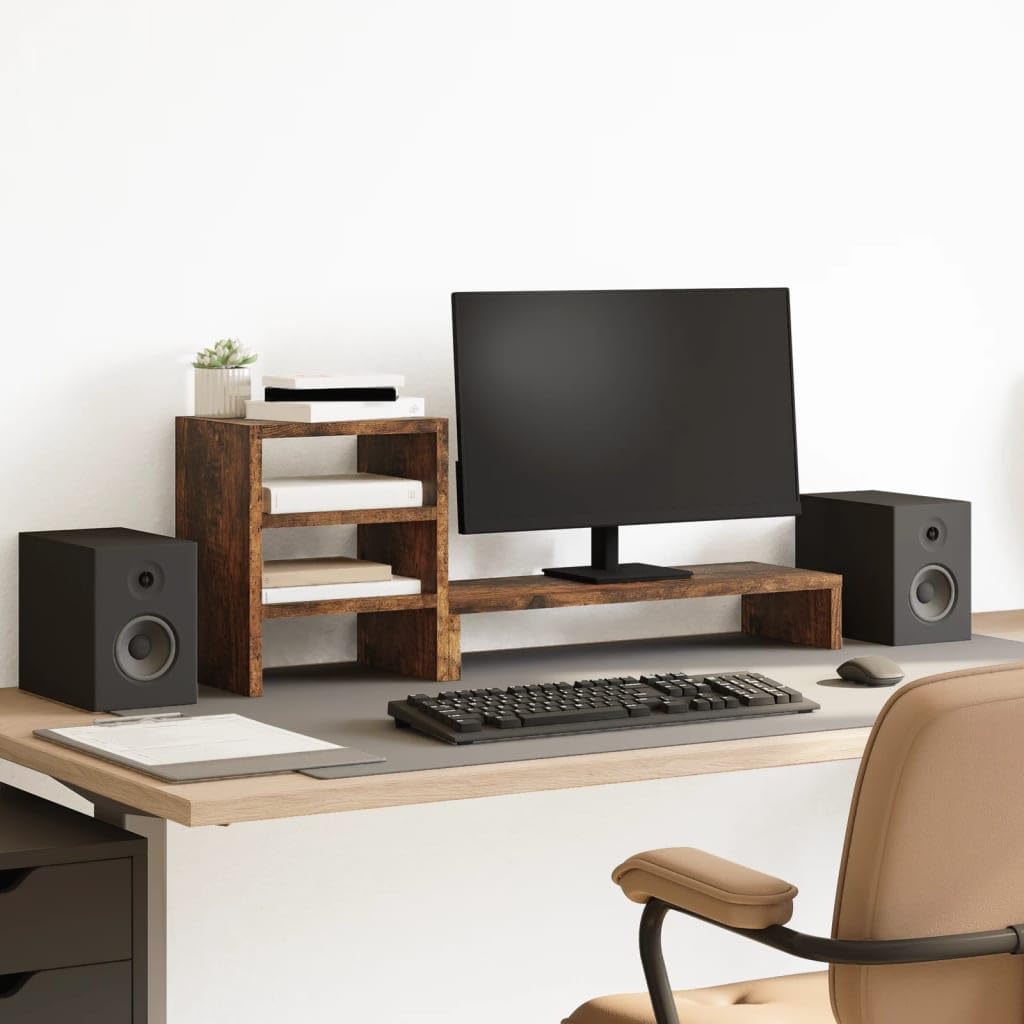 Mangloder - Supporto per monitor con organizer da scrivania, in legno di rovere affumicato, stabile supporto da tavolo per lavoro ergonomico in casa, con ampio spazio di archiviazione per articoli da