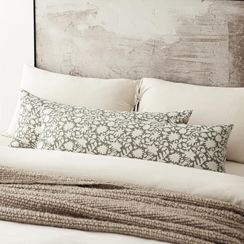 Image of Foindtower Set of 1 Decorative Floral Long Body Lumbar Throw Pillow Covers Accent Farmhouse Cushion Cover Neutral Pillowcase for Couch Sofa Bedroom Living Room Home Decor,14x36 Inch,Sage Green