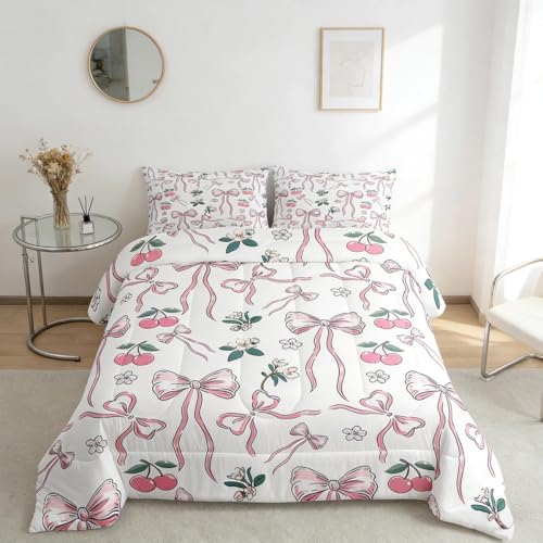 Feelyou Pink Girls Bow Comforter Set for Kids Boys Girls Kawaii Cherry Print Comforter Toddler Size Cute Bowknot Bedding Set Bedroom Decor Floral Botanical Duvet Set Kawaii Quilt Set 2Pcs