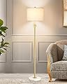 Modern Floor Lamp for Living Room, Adjustable Height Standing Lamp with Marble Base, 3-Way Dimmable Gold Brass Tall Pole Light with White Linen Shade for Reading, Bedroom, Chain Switch, Bulb Included