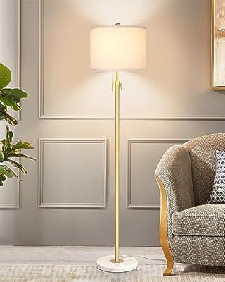 Modern Floor Lamp for Living Room, Adjustable Height Standing Lamp with Marble Base, 3-Way Dimmable Gold Brass Tall Pole Light with White Linen Shade for Reading, Bedroom, Chain Switch, Bulb Included