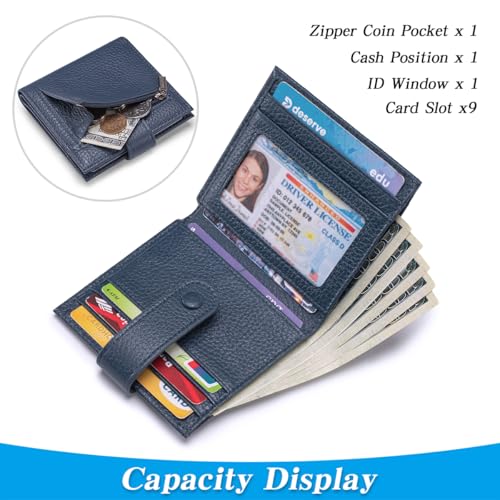 Slim Wallet For Women Genuine Leather Small Bifold Credit Card Holder Wallet With Zipper Coin Pouch ID Window,Navy Blue2
