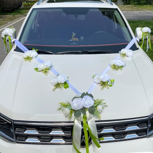 Chexin Décoration de Voiture de Capot de Mariage - Blanc, contient 13 grappes fleurs en soie et 2 x 4,4 m de Ruban, décoration de véhicule de qualité...
