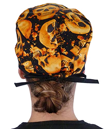 Sparkling Earth Tossed Orange Skulls On Black Unisex Classic Surgical Style Scrub Working Cap - 100% Cotton - Made In The Usa! #TOP5