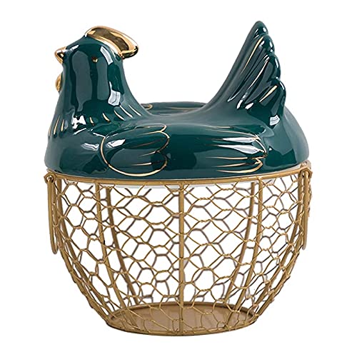 Cesta de almacenamiento de huevos, cesta de alambre de metal con tapa en forma de gallina, soporte de cerámica para 30 huevos