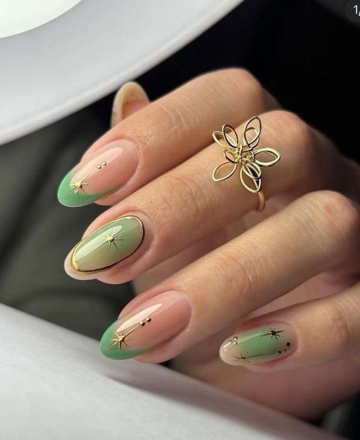 FWS Artificial Press On Nails Art Set, Reusable Stick On Nails Glossy Light Green French Golden Chrome Star Shape Stiletto (Set Of 20) With Nail Glue, Nail file, cuticle pusher, cleaning wipe-image-17