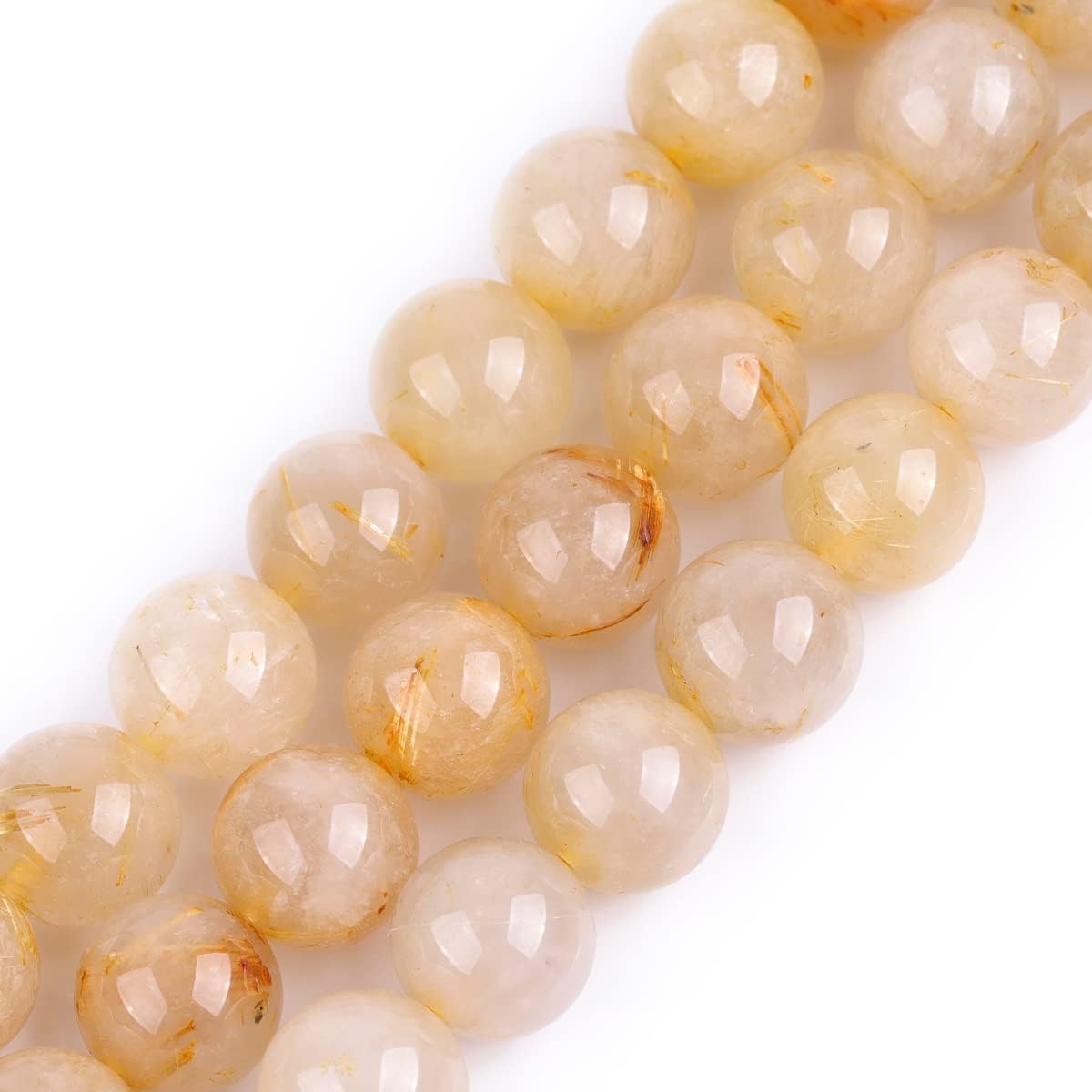 Gem-Inside 12mm Round Smooth Yellow Rutilated Quartz Beads Strands 15 Inchesjewelry Making Beads