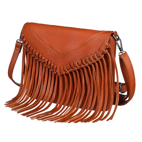 Sac à bandoulière en cuir synthétique avec pompon et franges marron pour femme active