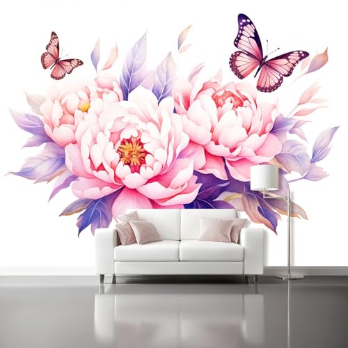 Papel Pintado Pared Minimalista Acuarela Peonía Mariposa, Blanco Mural Autoadhesivo 150 x 105 cm（WxH Adhesivo Muebles Autoadhesivo Papeles Pintados Dormitorio Baño para Dormitorio Salón Pasillo