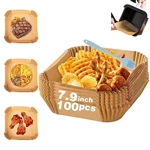 Backpapier für Heißluftfritteuse Eckig (20cm), 100 Stück Airfryer Backpapier Einweg Antihaft Papiereinlagen Nicht Porös Wasserdicht Lebensmittelqualität Pergamentpapier Heissluftfriteusenpapier Cover