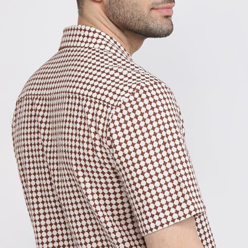 Image of Raymond Men Regular Fit Print Pattern Pure Cotton Hidden Button Down Half Sleeve Casual Shirt