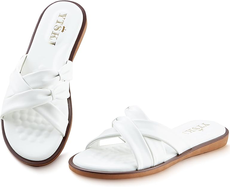 YTSKJ Sandals for Women 2025 Summer Beach Fashion Leather Slides X-shaped Double Straps Cute Casual Flats Dressy Comfortable Sandals