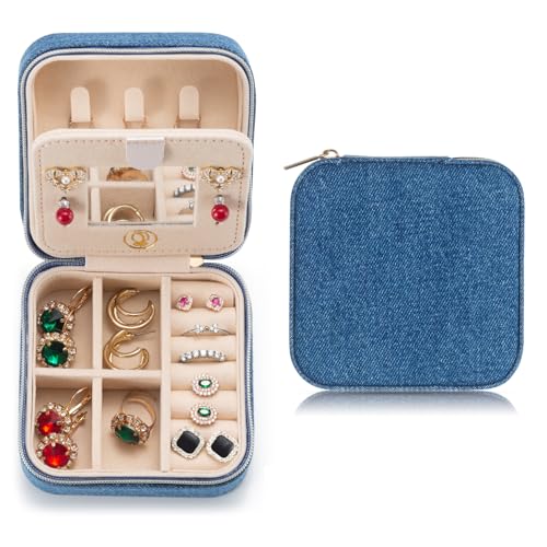 ZPROW Estuche de joyería de viaje de mezclilla, organizador de joyas de viaje, estuche de viaje para joyas, joyero de viaje, caja de joyería pequeña, caja de viaje de joyería, organizador de aretes