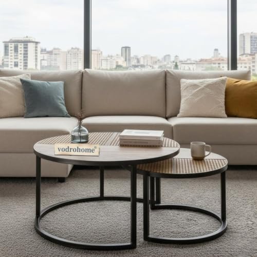 Image of Cane Nesting Coffee Table - Rattan Round Centre Table with Storage - Set of 2 Mango Wood Center Table C#048