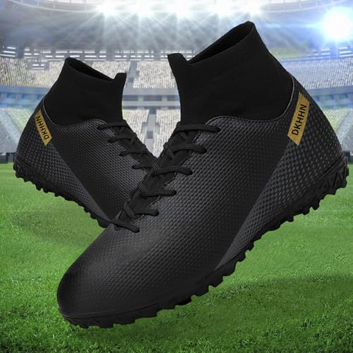 Image of Men's Indoor Soccer Shoes Turf Cleats High-Tops Lace-Up Non-Slip Spikes Futsal Football Boots Black EU 45