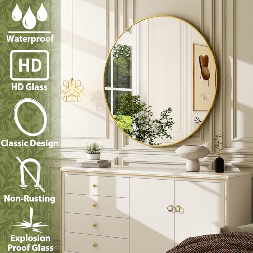 Image of EASLY 24 Inch Round Mirror, Gold Metal Frame Wall Mirror for Bathroom