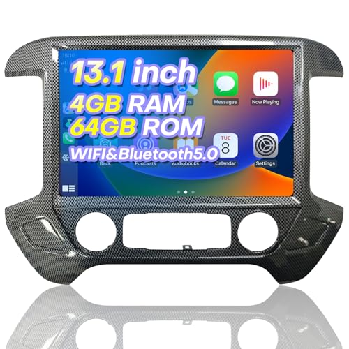 13.1 inch Stereo for Chevy Silverado & GMC Sierra 1500 2500 3500 2014-2018 Tesla-Style Screen Car Radio 8Core 4G RAM +64G ROM Wireless Android Auto&CarPlay GPS,WiFi,SWC,FM Head Unit (Carbon Fibre)
