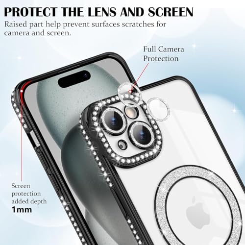 Image of Cute Compatible with iPhone 13 Diamond Glitter Case,Luxury Bling Rhinestone Soft Clear TPU Bumper Case,Compatible with MagSfe and Camera Lens Protection Cover for Women Girls (Black)